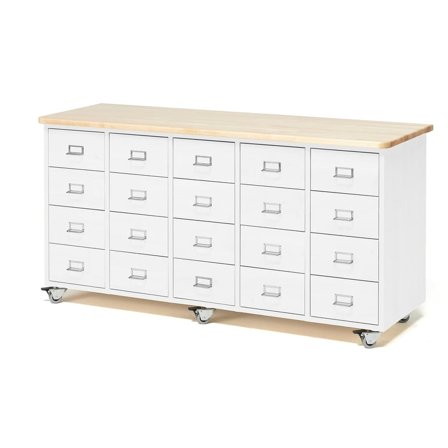 Mobile merchant chest, 20 drawers, handle with label holder, white