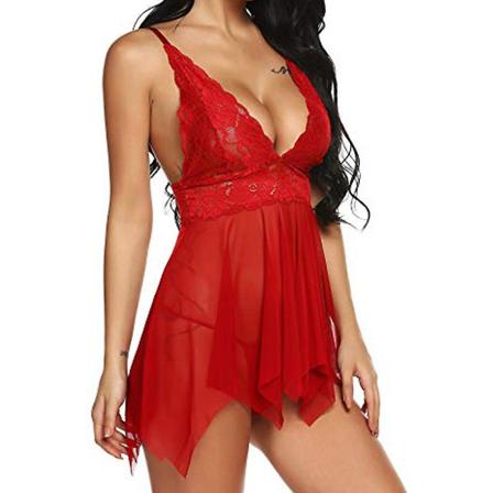 Dam Sexig spets Babydoll Nattlinne Deep-v Erotiska nattkläder Underkläder Red L