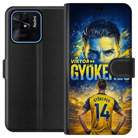 Kompatibelt Lommeboketui til Xiaomi Xiaomi Redmi 10C Viktor Gyökeres fotballplakat i gult og blått med dramatisk stadionbakgrunn, sportillustrasjon