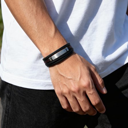 Ezüst tónusú és piros rozsdamentes acél azonosító karkötő férfiaknak - Bőr karkötők