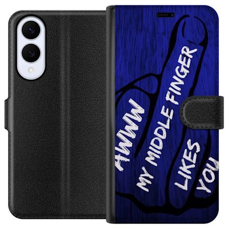 Kompatibelt Lommeboketui til Samsung Galaxy S25 Edge Mørk typografisk illustrasjon med hjerteform og budskap om vennskap mot dyp blå tretekstur