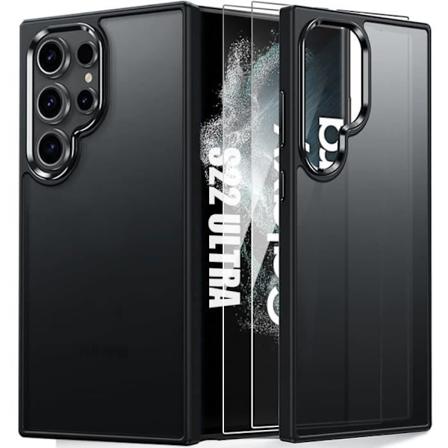 Fodral för Samsung Galaxy S22 Ultra med 2 härdade glasögon, stötsäker svart silikon + genomskinlig PC-baksida
