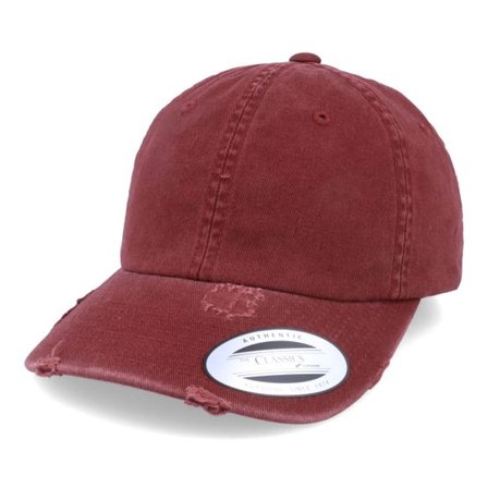 Yupoong - Röd unconstructed Keps - Maroon Destroyed Dad Cap @ Hatstore