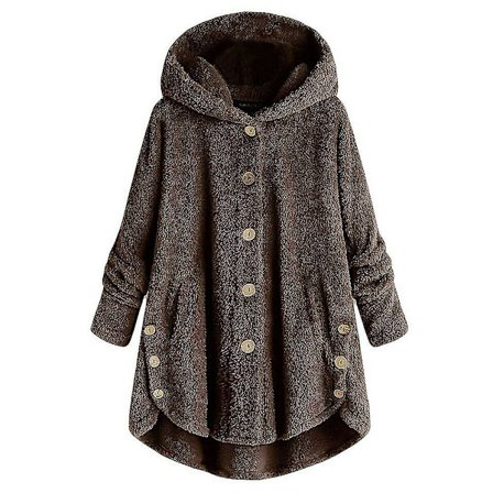 Dame Vinter Varmt Plysset Overfrakke Knappet Jakke Toppe Løse Hættede Yderbeklædning