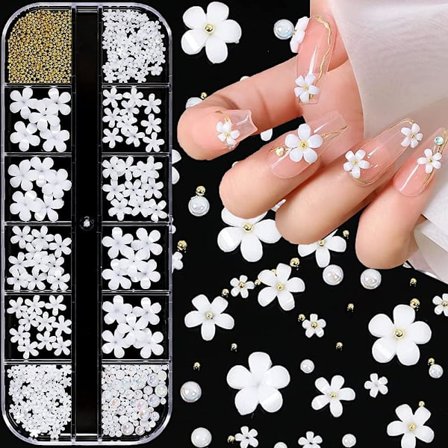 3-pack 3D blommiga nagelkonstdekorationer, vita blommor nagelstenar kit 3D Cry