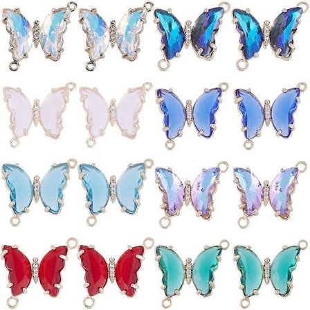 1 Æske 16 stk. Sommerfugleforbindere Krystal Sommerfugle Charms Farverige Rhinestone Sommerfugle Perler Dobbelte Løkker Sommerfugle Charm 