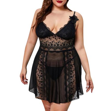 Plus Size Sexig Spets Sovkläder Nattklänning Dam Hollow Out V-ne