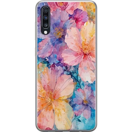 Kompatibelt Mobildeksel til Samsung Galaxy A70 Akvarellmaling med store blomster i rosa, blå og gule toner i en myk kunstnerisk stil.