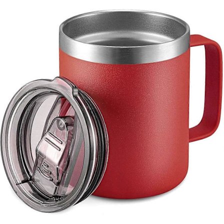 12oz Isolert kaffekopp i rustfritt stål med håndtak, dobbel vegg vakuum reisekopp, Tumbler-kopp med skyvelokk, rød