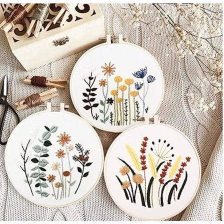 Broderi Starter Kit, 3 stk. Broderitrådsæt, Broderi Begynderværktøj til Voksne Begyndere med Broderirammer Broderitråde Stof og