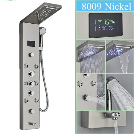 Digitalt Duschpanel, 6-stegs Duschfunktioner, Borstad Nickel Finish,Nickel-F-8009
