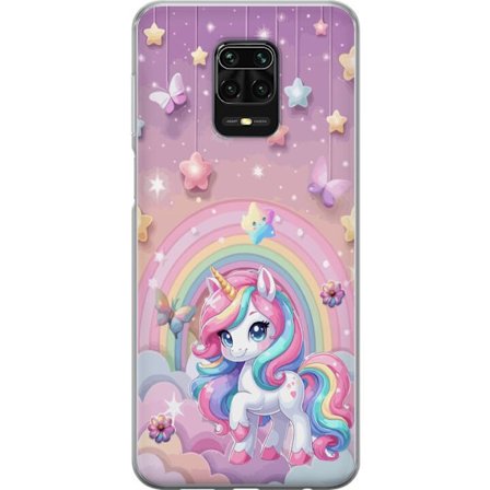 Kompatibel Mobilcover til Xiaomi Redmi Note 9S Magisk enhjørning med regnbue manke, stjerner og sommerfugle mod en pastelfarvet himmel med skyer