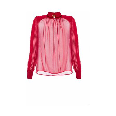 Elisabetta Franchi, High neck shirt in silk georgette with embedded logo Czerwony, Kobieta, Rozmiar: S