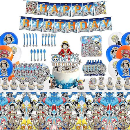 Sett med 130 stk One Piece bursdagsfestutstyr og dekorasjoner for gutter, inkludert tallerkener, kaketopper, ballonger, banner, anime-tema festgaver (