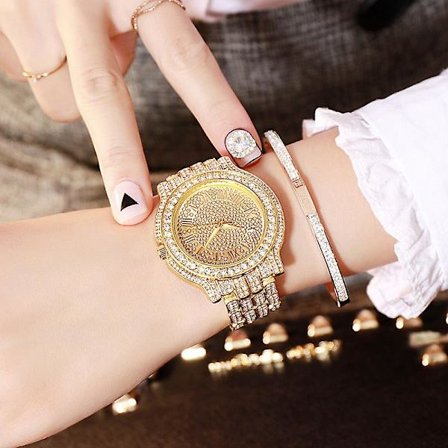 Legeringsstål Belte Klokker Dameklokke Mote Diamant Klokker Full Diamant Klokker Dameklokke