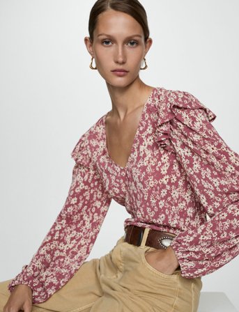 Mango Ruffles Printed Blouse - Pink - S