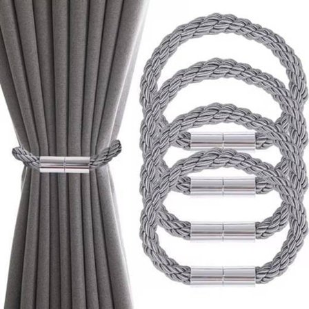 Gardinbindere med spænde, 2/4-pak, borefri, magnetiske gardinbindere grå