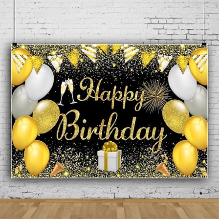 Gratulerer med dagen Bakgrunn Banner Gratulerer med dagen Fotoboks Bakgrunn 70,8 x 43,3 Tommer Stor Stoff Svart Gull Skilt Plakat Bakgrunn for Menn 