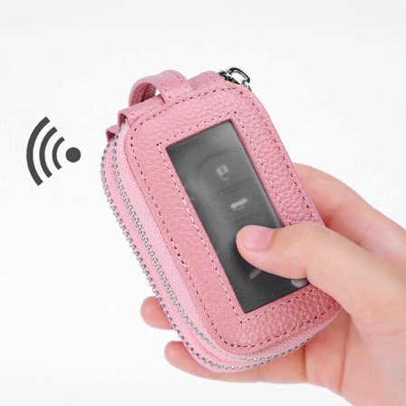 Paket med 1 Rosa Bilnyckelhållare Väska Dubbel Dragkedja Läder Nyckelskydd Myntväska Nyckelhållare med Klart Fönster för Bilnyckel Fjärrkontroll