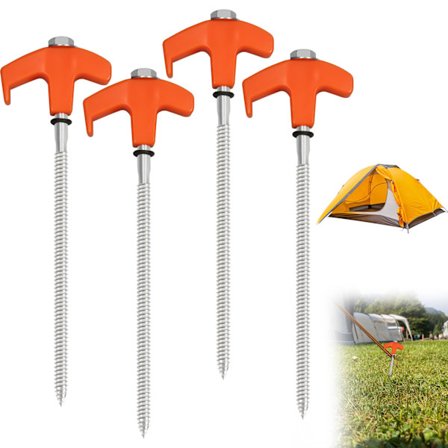 4 st 8" Kraftiga Skruvtältpinnar - Kolstål & Plastkonstruktion, Orange T - Handtag, Metallskruvstil för Säker Ca