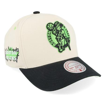 Mitchell & Ness - NBA White adjustable Caps - Boston Celtics Overspray Pro Off White/Black A-frame Adjustable @ Hatstore