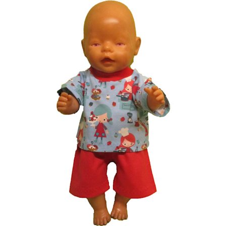 Shorts och t-shirt i ljusblått/rött till Baby Born, dockkläder.