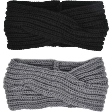 Galaxy Höst/Vinter Handflätat Ull Pannband (Svart, Grå) 2-pack
