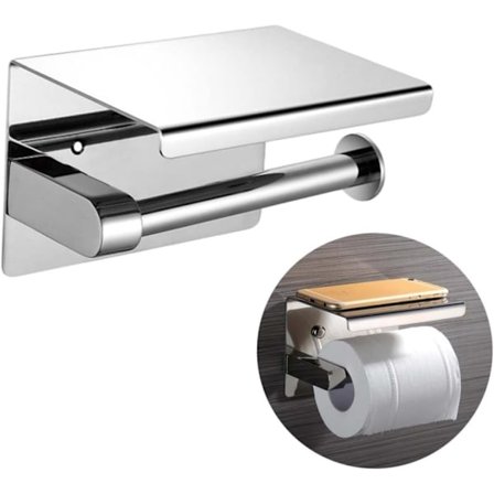 Vægmonteret toiletpapirholder med hylde, rustfrit stål, badeværelsesrulleholder til køkken og badeværelse