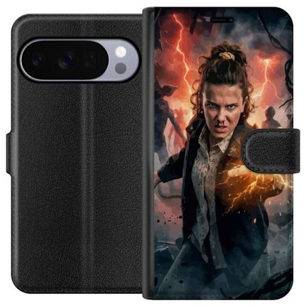 Kompatibelt Plånboksfodral till Google Google Pixel 10 Pro Kraftfull fantasibild av en ung kvinna med blixtenergi och mörk bakgrund, dramatiskt acti