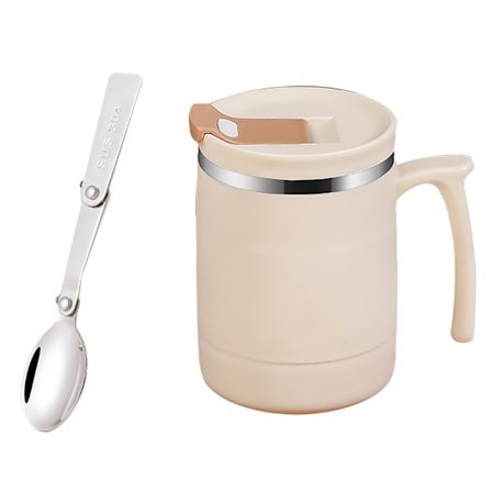 500 ml isolert kaffekopp med lokk, sammenleggbar skje, rustfritt stål, termokopp for te, varm kakao, kald drikke, beige