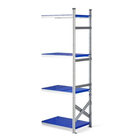 Reol påbyggseksjon med blå plasthyller, 2500x900x600 mm