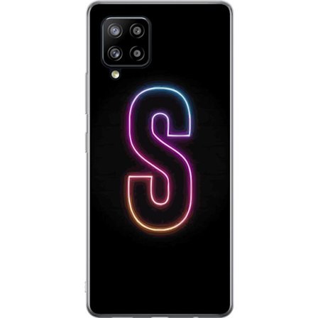 Kompatibelt Mobildeksel til Samsung Samsung Galaxy A42 5G Neonbokstav S i lysende rosa og blå toner mot mørk bakgrunn, stilig bokstavkunst med retro