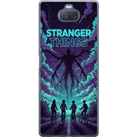 Yhteensopiva Puhelinkuori Sony Sony Xperia 10 Plus Stranger Things -inspiroitunut fantasiaillustraatio, jossa on tumma hirviö, pyöräilevät lapset