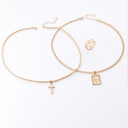 14K Guldbelagt Korshalskæde Sæt - Lagdelte Halskæder med Bogstavvedhæng & Ring (3 dele) - Firkantet Figaro Kæde Smykker til Kvinder