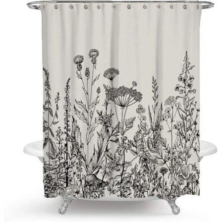 Svartvit blommig duschdraperi, med 12 plastkrokar