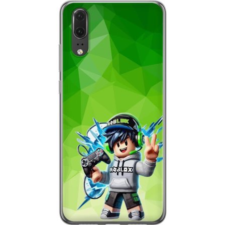 Yhteensopiva Puhelinkuori Huawei P20 Roblox-inspiroitu pelaajahahmo, jossa on kuulokkeet, ohjain ja energiset efektit vihreää taustaa vasten