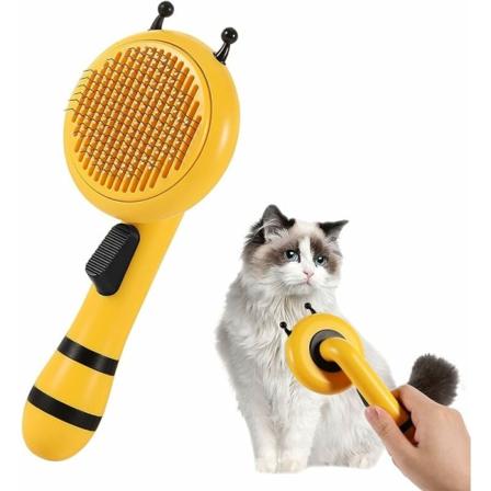 Hund- och kattborste, självrengörande husdjursborste för långt och kort hår, gula borst med ergonomiskt handtag och en knappdesign