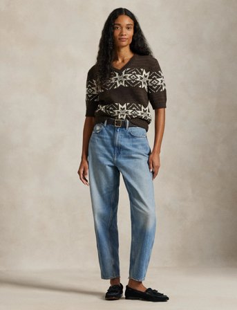 Polo Ralph Lauren Snowflake V-Neck Short-Sleeve Sweater - Brown - XS