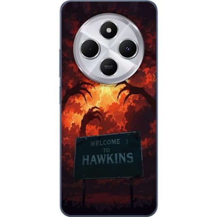 Kompatibel Mobilcover til Xiaomi Redmi 14C Mørk apokalyptisk fantasy scene med brændende himmel og Hawkins-skilt i Stranger Things-stil