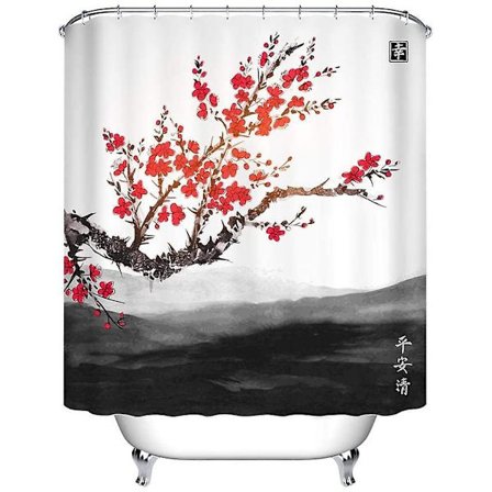 2024 Kirsebær Bruseforhæng Vandtæt Anti-skimmel Badeforhæng Orientalsk Sakura Røde Blomster Træ Landskab Fjerne Bjerge Mønster Polyesterstof
