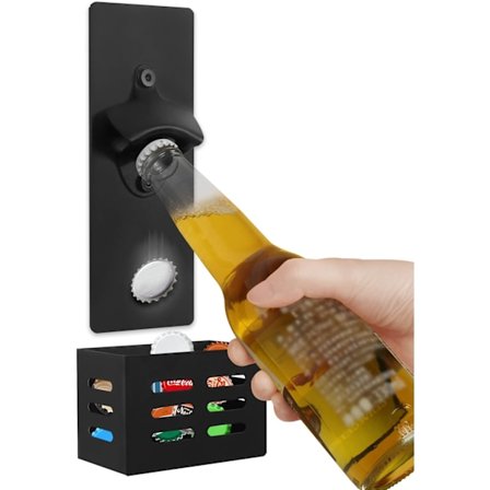 Magnetisk Flaskeåbner med Kapselopsamler - Vægmonteret Ølflaskeåbner Kapsel Samler til Køleskab, Køkken, Bar, Ideel Gave til Mænd Kvinder, Sort
