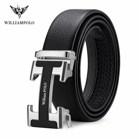 WILLIAMPOLO berömda märkesbälte män högsta kvalitet äkta lyx koläderbälten för män Armband Man Metall Mode Automatiskt spänne Silver-20573 115CM