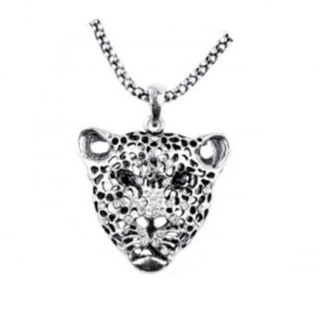 Silver Halsband med Leopard samt Vita & Svarta Strass Stenar