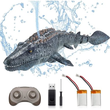 OBEST 2.4GHz Fjernstyret Mosasaurus Både til Børn, RC Haj Både Vand Spray Pool og Sø Legetøj, RC Elektrisk Haj Dinosaur, 2 Batterier