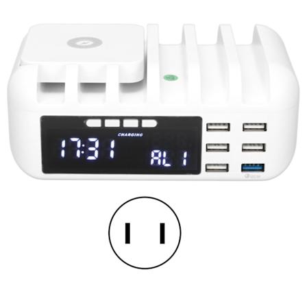 Multifunktionel 5-ports oplader trådløs USB hurtigopladning desktop digitalt ur mobiltelefon oplader 110‐240VUS stik