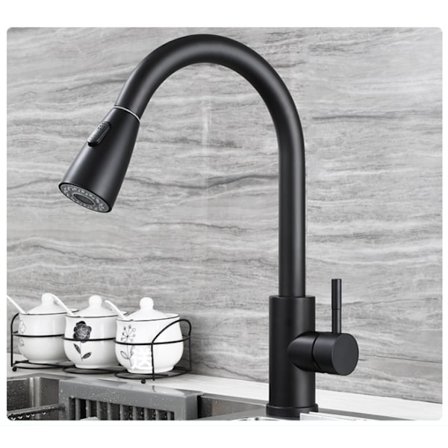 Kökskran, 360° Rotationsbar Köksblandare med Uttagbar Spruta, 3 Spraylägen Bänkblandare, Rostfritt Stål, Svart