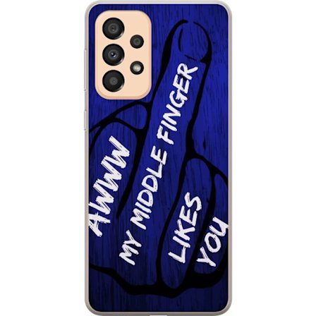 Kompatibelt Mobildeksel til Samsung Galaxy A33 5G Mørk typografisk illustrasjon med hjerteform og budskap om vennskap mot dyp blå tretekstur