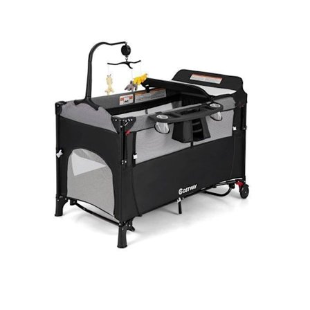 COSTWAY Babyparaplysäng med 5 i 1 hopfällbar madrass - Skötbord, speldosa - 3 leksaker - 4 justerbara armstödshöjder - svart