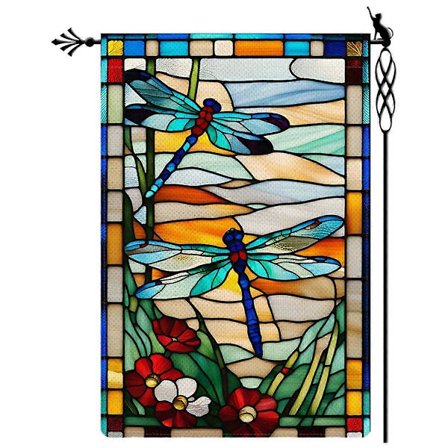 Haveflag med guldsmed, blomster i glasstil, lodret dobbeltsidet rustik hessian til landbrugsjord Y