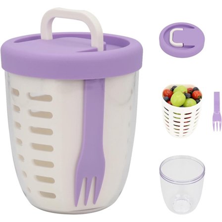 Frugtskål - Salatskål - Lækagesikker genanvendelig madbeholder med låg og dræningskurv - Velegnet til arbejde, skole og rejser. - 650 ml (Lilla)